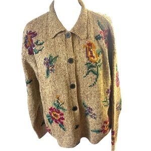 Bushwacker Ramie Cotton Cardigan Women L Oatmeal with Multicolor Floral